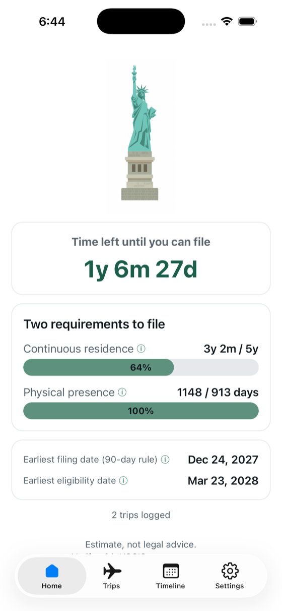 App home screen: time left until you can file, with progress bars for continuous residence and physical presence