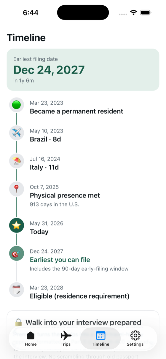 App timeline screen: the journey from green card to earliest filing date, trip by trip