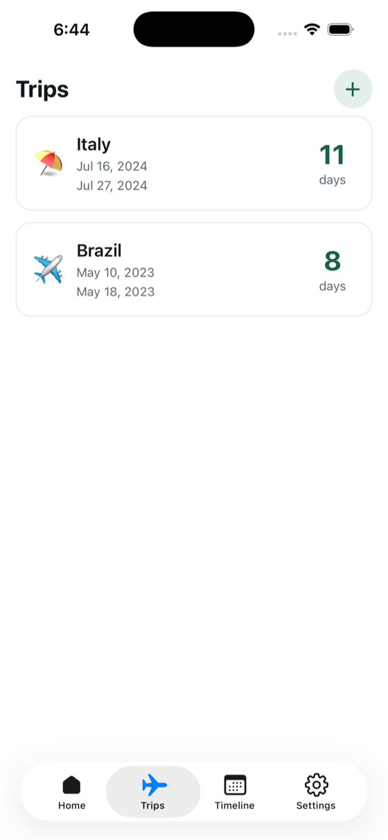 App trips screen: logged trips abroad with days counted
